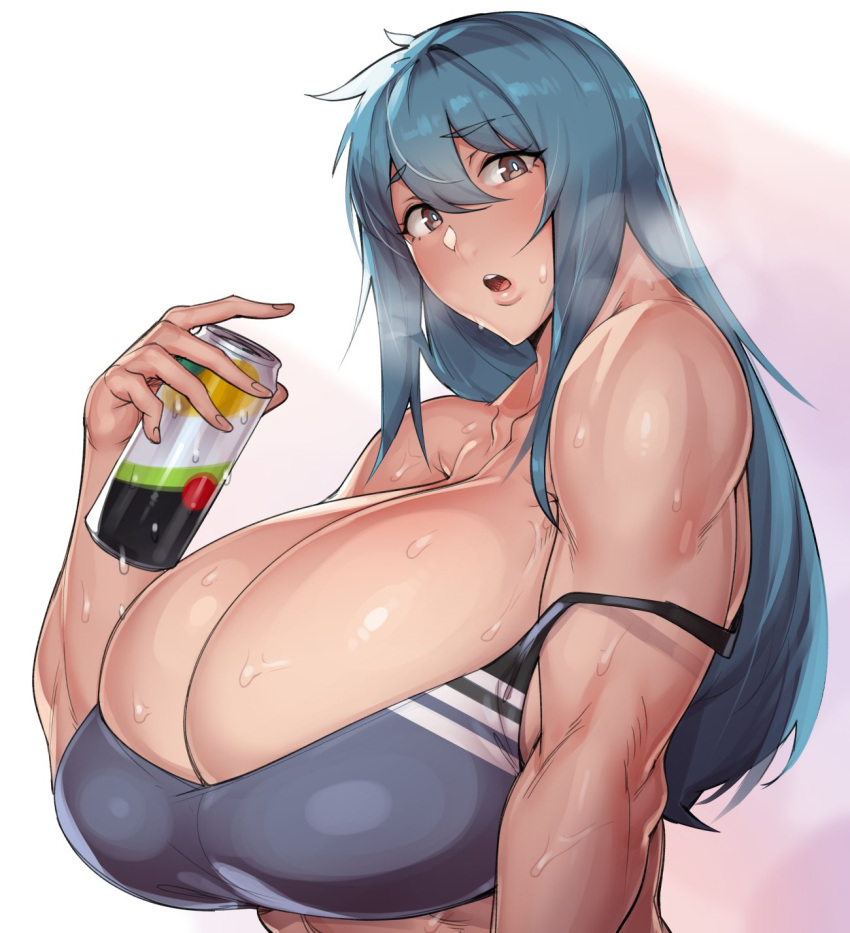 alternate_hairstyle big_breasts can cleavage grey_hair huge_breasts long_hair looking_at_viewer mature_female milf natedecock natsumi_(natedecock) original sweat sweatdrop sweaty sweaty_breasts tank_top venus_body workout_clothes