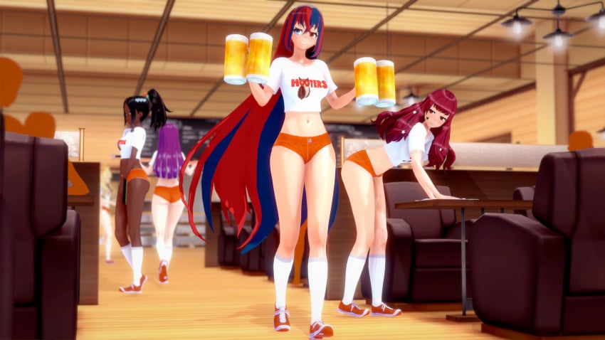 3d 5girls alcohol alear_(female)_(fire_emblem) alear_(fire_emblem) beer beer_mug booty_shorts celine_(fire_emblem) dume female female_only fire_emblem fire_emblem_engage hooters hooters_uniform ivy_(fire_emblem) long_hair midriff multicolored_hair multiple_girls navel nintendo orange_shorts ponytail red_sneakers shorts sneakers socks t-shirt timerra_(fire_emblem) waitress white_shirt yunaka_(fire_emblem)