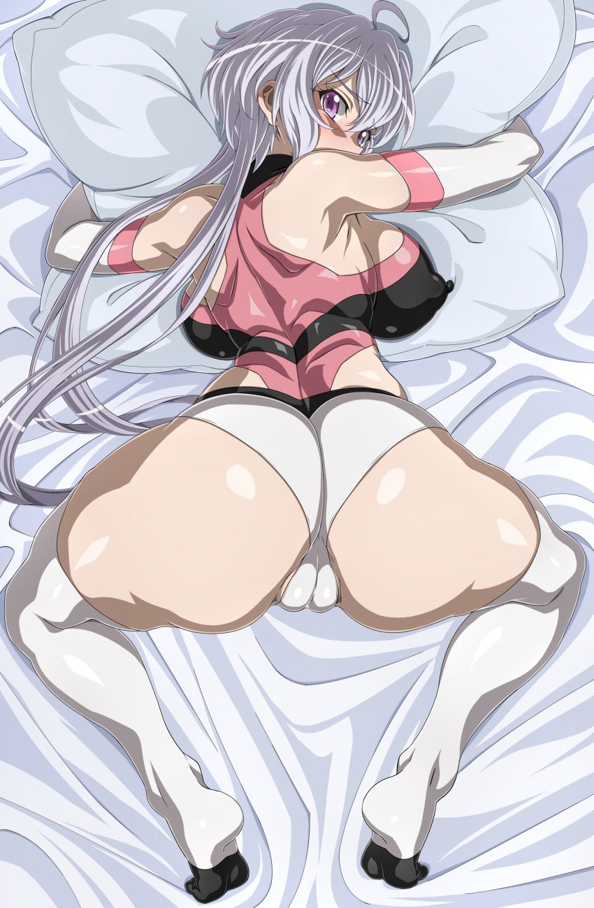 1girls ass backboob big_ass big_breasts big_butt blush breasts covered_nipples erect_nipples_under_clothes female goridou hugging_pillow large_breasts looking_at_viewer looking_back on_bed presenting purple_hair senki_zesshou_symphogear solo thighhighs top-down_bottom-up white_hair yukine_chris