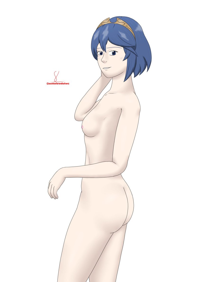 1girls alternate_hairstyle ass blue_eyes blue_hair completely_nude fire_emblem fire_emblem_awakening looking_back lucina_(fire_emblem) marth_(fire_emblem_awakening) nintendo nipples nude nude_female short_hair small_breasts solo solo_female somelewdstwc tiara