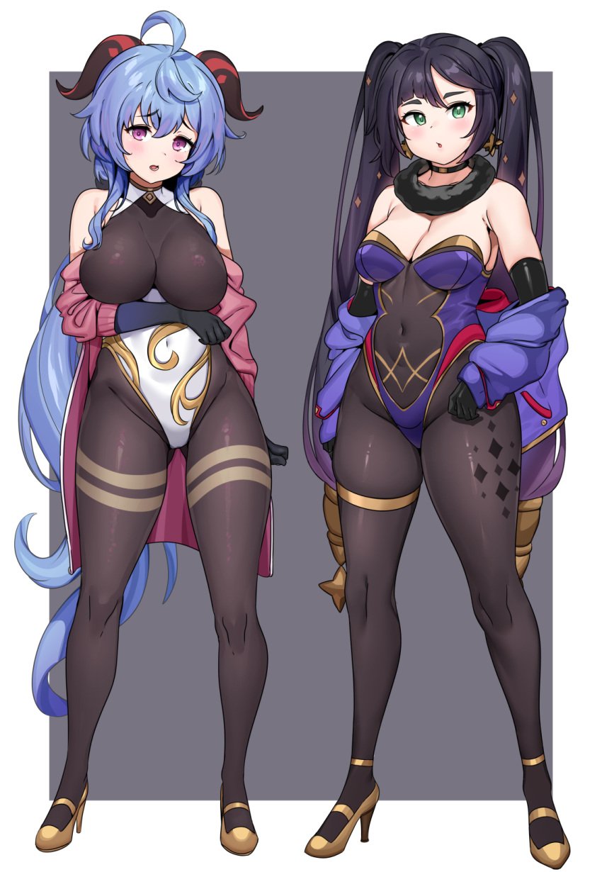 2girls ahoge bangs bare_shoulders black_choker black_hair blue_hair blush border breasts brown_bodysuit choker chubby chubby_female cleavage collar covered_navel cross cross_earrings duo earrings female female_only full_body fur_collar ganyu_(genshin_impact) genshin_impact goat_horns gold_(metal) gold_footwear gold_heels gold_jewelry green_eyes groin hair_between_eyes heels high_heels high_resolution horns jewelry large_breasts leotard long_hair looking_at_viewer low_ponytail medium_breasts midriff mona_(genshin_impact) multiple_girls navel open_mouth outside_border pink_eyes ponytail purple_eyes purple_leotard red_horns see-through shoes sidelocks sleeveless_bodysuit tem10 thick thick_thighs thighs tied_hair twintails very_long_hair white_border