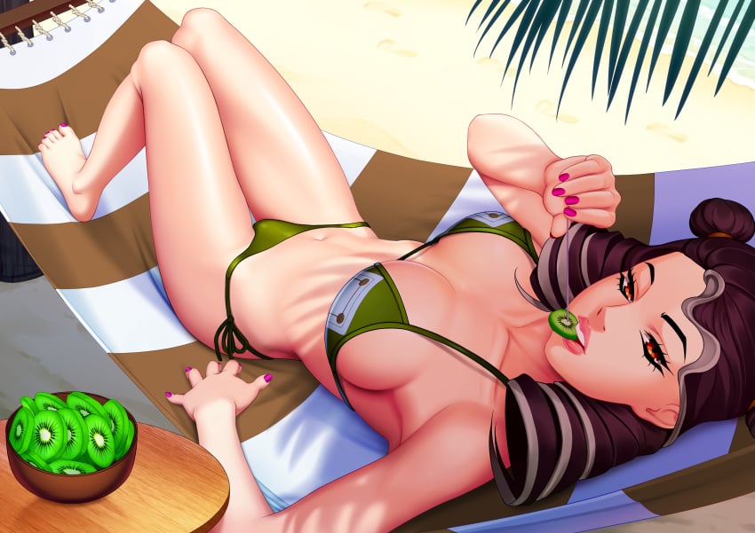 beach bikini black_hair breasts eating female hair_buns hammock human jojo's_bizarre_adventure jojolion kaato_higashikata kiwi legendarysoulii lips looking_at_viewer milf nail_polish orange_eyes shoulder_length_hair