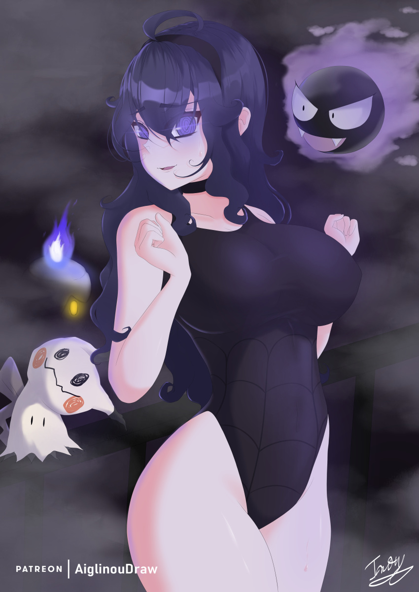 1girls ahoge alternate_breast_size big_breasts breasts choker female gastly glowing glowing_eyes hairband hex_maniac huge_breasts inou_(artist) large_breasts leotard litwick long_hair looking_at_viewer mimikyu nintendo one-piece_swimsuit patreon pokemon pokemon_xy purple_eyes purple_hair swimsuit thick_thighs thighs