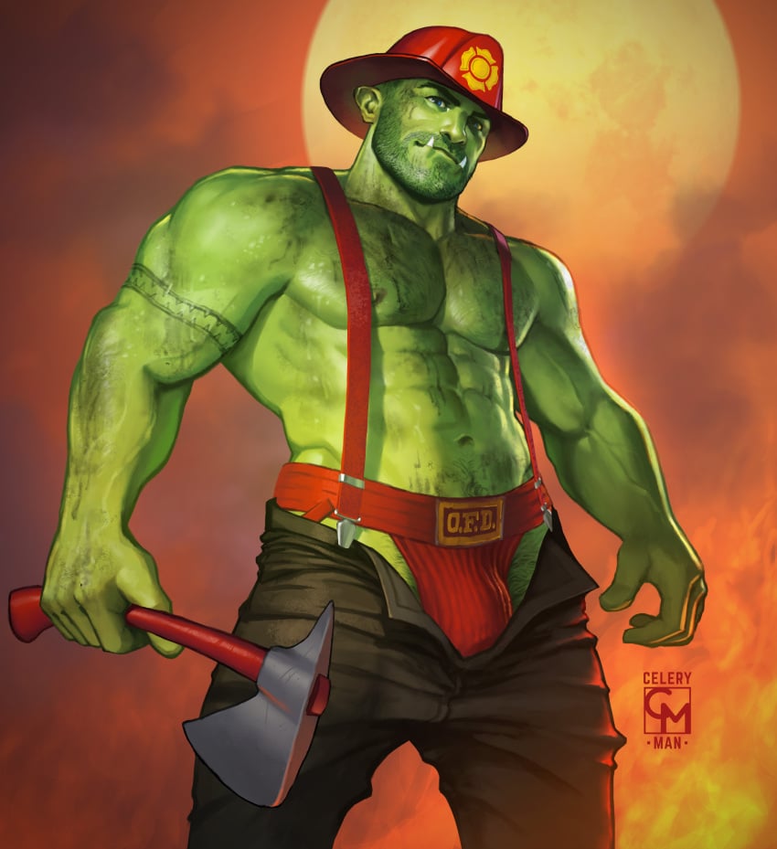 1boy abs biceps bulge celery_man6 firefighter half-dressed jockstrap looking_at_viewer male male_only muscular orc orc_male pecs solo solo_male stubble tattoo thick_thighs