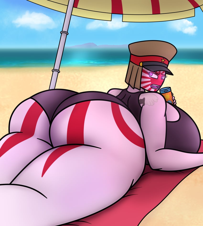 beach bra countryhumans countryhumans_girl curvaceous ech0chamber huge_ass huge_breasts japanese_empire_(countryhumans) military_hat red_blanket sunscreen thick_thighs umbrella underwear