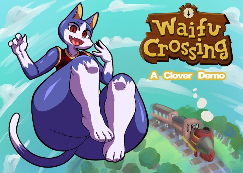 animal_crossing anthro ass background background_sky big_ass big_butt blue_fur cat_ears cat_humanoid cat_tail catgirl clothed clothing domestic_cat fabianoferreira feline feline_humanoid felis female flying furry hands-free laugh laughing legs legs_together looking_at_viewer nintendo paws poster pussy red_eyes rover_(animal_crossing) rule_63 solo toto_draw train up_in_the_air video_game video_game_character video_games waifu_crossing_(toto)