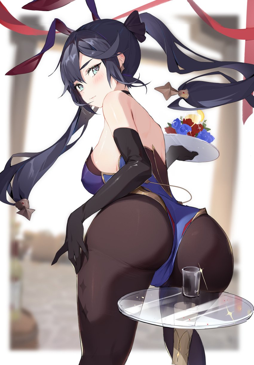 1girls absurd_res arched_back ass ass_cheeks ass_focus bare_shoulders bending_over big_ass big_breasts big_butt black_hair blush breasts bunny_ears butt butt_focus choker detailed_background elbow_gloves female genshin_impact glass glass_table green_eyes hand_on_thigh hi_res highres houkiboshi_(mmjw7432) huge_ass huge_breasts huge_butt large_ass large_breasts leaning_forward leggings leotard looking_at_viewer looking_back mona_(genshin_impact) nipple_bulge pigtails pussy_lips serving_tray shoulders sideboob sitting_on_desk solo thick thick_ass thick_thighs thighs tight_clothing tights twintails