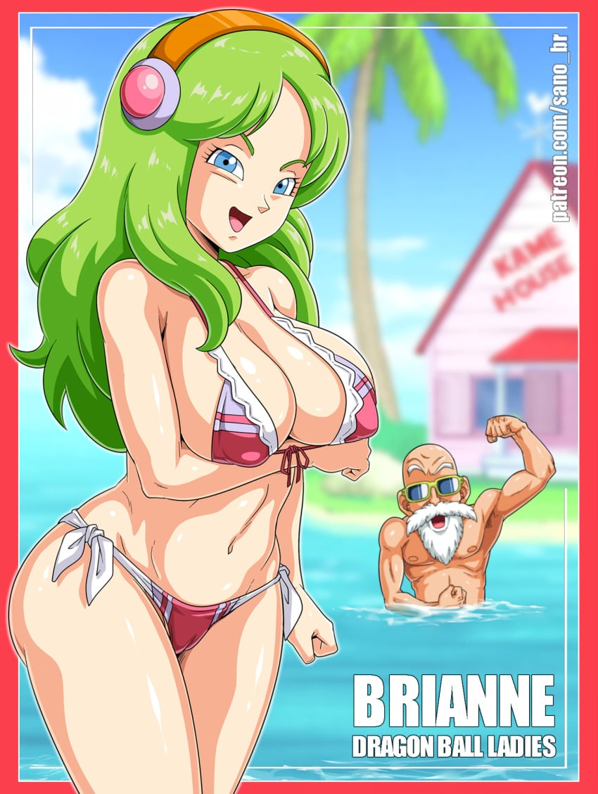 1boy 1girls arm_under_breasts ass bangs bare_shoulders beach belly belly_button big_breasts big_eyes bikini blue_eyes blurry_background border breasts brianne_de_chateau cameltoe cleavage cleft_of_venus coconut_tree curvaceous curvy curvy_figure dragon_ball dragon_ball_super dragon_ball_z erect_nipples erect_nipples_under_clothes eyelashes female female_focus green_hair groin hair_ornament hairband happy hi_res high_resolution highres hourglass_figure island kame_house labia lace-trimmed_bra large_breasts light-skinned_female light_skin linea_alba long_hair looking_at_viewer master_roshi navel navel_line nipple_bulge nipples nipples_bulge nipples_visible_through_clothing ocean open_mouth palm_tree partially_visible_vulva posing red_border revealing_clothes sano-br shiny_skin shounen_jump side-tie_bikini sideboob slim_waist small_nose smooth_skin standing sunglasses swimsuit thick_thighs thighhighs thighs thin_waist tree water wide_eyed wide_hips