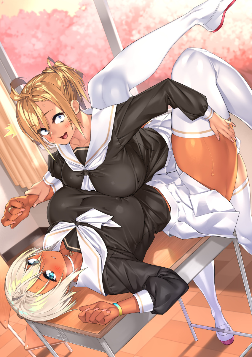 2girls asymmetrical_docking breasts cleavage dark-skinned_female dark_skin desk female female_only huge_breasts implied_futanari looking_at_viewer muscular_female original school_uniform sela_(sela_god) sela_god thick_thighs thighhighs thighs ursula_(sela_god) uwabaki wedding_ring wide_hips wife_and_wife yuri