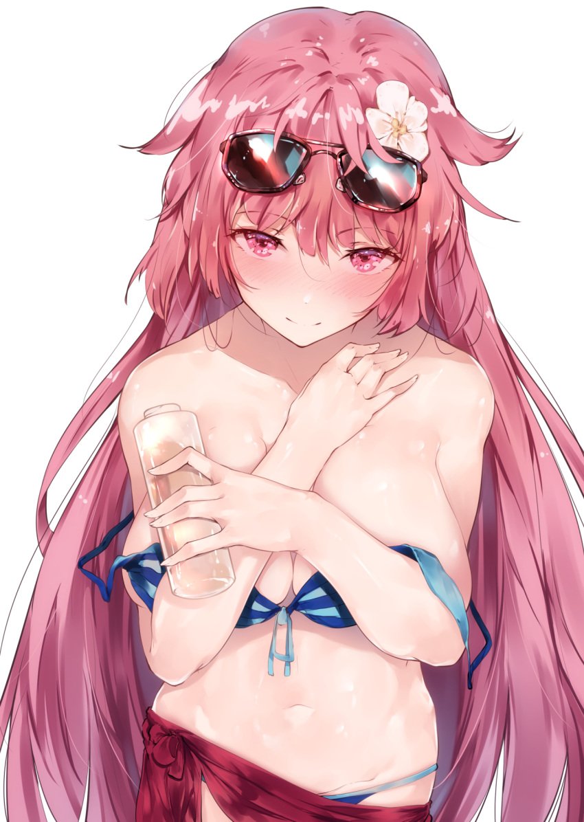 bangs bare_shoulders bikini black-framed_eyewear blue_bikini blush breasts cleavage closed_mouth collarbone covering_breasts eyebrows_visible_through_hair eyewear_on_head female flipped_hair flower front-tie_bikini front-tie_top girls'_frontline hair_flower hair_ornament hand_on_own_chest highres holding hplay large_breasts long_hair looking_at_viewer lotion_bottle ntw-20_(girls_frontline) pink_eyes pink_hair sarong shiny shiny_skin simple_background smile solo strap_slip sunglasses swimsuit tsurime very_long_hair white_background