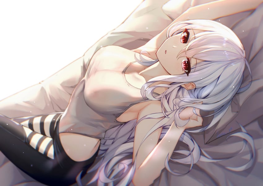 1girls arknights big_breasts leria_v long_hair looking_at_viewer nipples_through_clothes red_eyes see-through see-through_top see_through_clothing see_through_shirt skadi_(arknights) white_hair