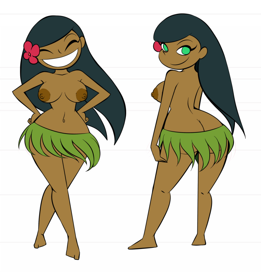 1girls areolae ass ass_cleavage barefoot big_ass black_hair breasts breasts_apart butt_crack calumba cartoon_network closed_eyes dark-skinned_female dark_skin dexter's_laboratory edit eyelashes feet female female_only flower grass_skirt green_eyes hair_flower hand_on_hips highres hourglass_figure hula human large_breasts leaf_skirt long_hair looking_back looking_over_shoulder model_sheet navel nipples no_panties pepipopo sideboob skimpy smile solo solo_female toes topless tropical very_long_hair