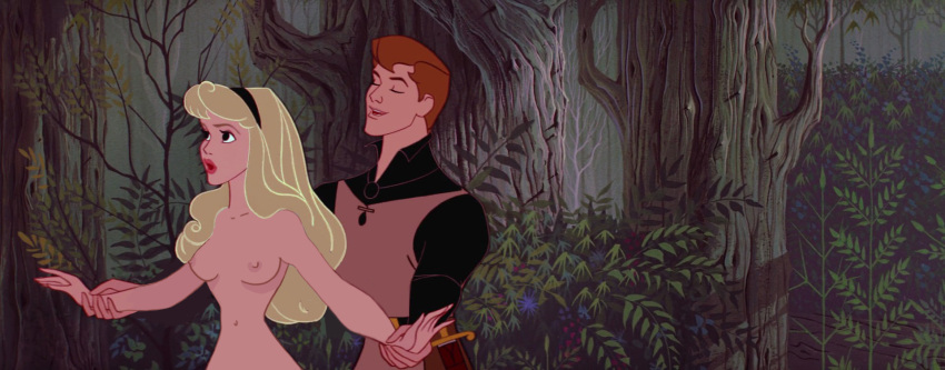 aurora_(sleeping_beauty) bonus_army breasts canon_couple clothed_male clothed_male_nude_female disney disney_prince disney_princess edit female male nipples nude nude_female prince prince_phillip princess royalty screenshot_edit sleeping_beauty_(1959_film)