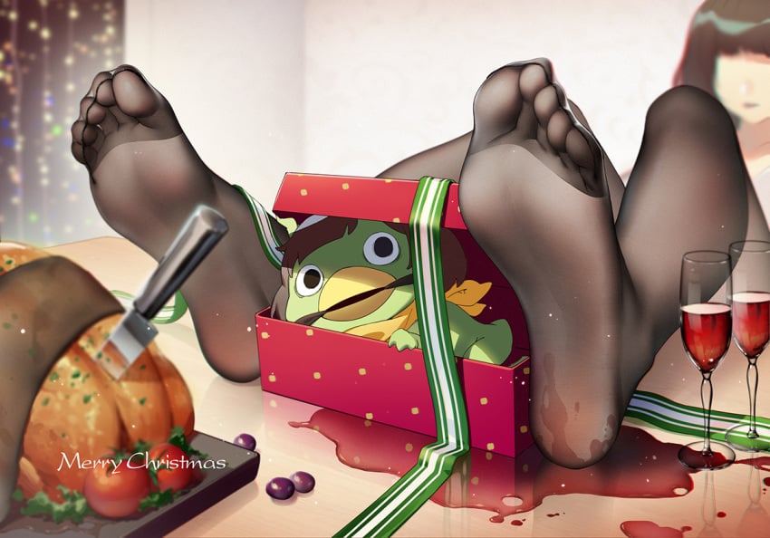 bird black_legwear chicken christmas cup drinking_glass faceless faceless_female feet female food gagged gift green_ribbons indoors jinnai_enta kappa knife luode_huayuan no_shoes pantyhose reflection ribbon sarazanmai soles spill table tomato wet wine_glass