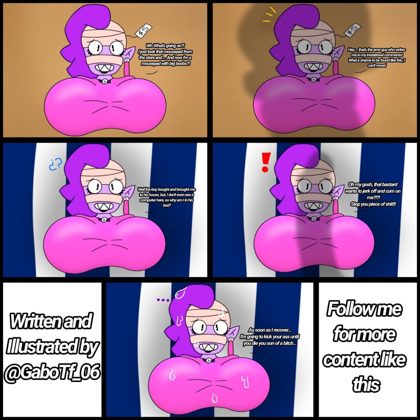 2d bed being_sold brawl_stars cum_on_face emz_(brawl_stars) female gabotf inanimate_transformation mousepad purple-skinned_female purple_skin shadow size_difference transformation