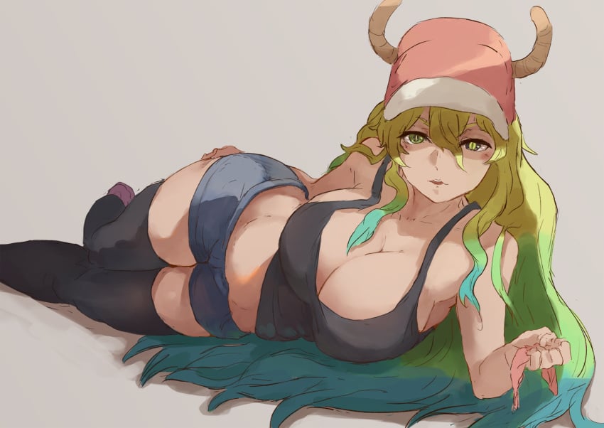 1girls 2020 abs big_breasts black_eyes black_shirt black_t-shirt blonde_hair blue_hair breasts dragon_girl eyebrows eyebrows_visible_through_hair female female_focus female_only gray_background green_eyes green_hair hand_on_thigh hat heterochromia horn horns huge_breasts huge_thighs jhinrou laying_down laying_on_side legs legs_together looking_at_viewer miss_kobayashi's_dragon_maid multicolored_hair open_mouth pink_hat quetzalcoatl_(dragon_maid) short_jeans short_shirt shorts simple_background slq t-shirt thick_thighs thighhighs very_long_hair wide_hips