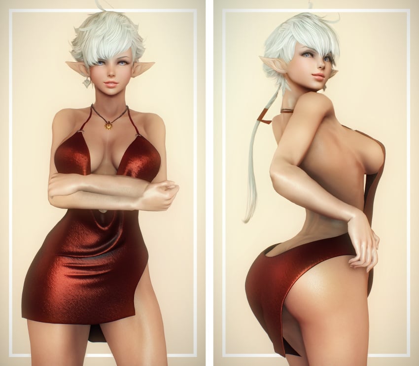 1girls alisaie_leveilleur ass blue_eyes breasts cleavage dress elezen elf female female_only final_fantasy final_fantasy_xiv light-skinned_female looking_at_viewer pinup revealing_clothes short_hair sideboob smirk solo tagme white_hair xiversk