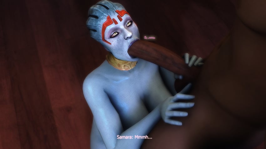 1boy 1girls 3d alien alien_girl asari big_penis blue_eyes blue_skin breasts dark-skinned_male dark_skin eye_contact fellatio female holding_penis huge_cock indian indian_male interspecies jallersfm looking_at_another looking_pleasured mass_effect mass_effect_2 samara source_filmmaker text