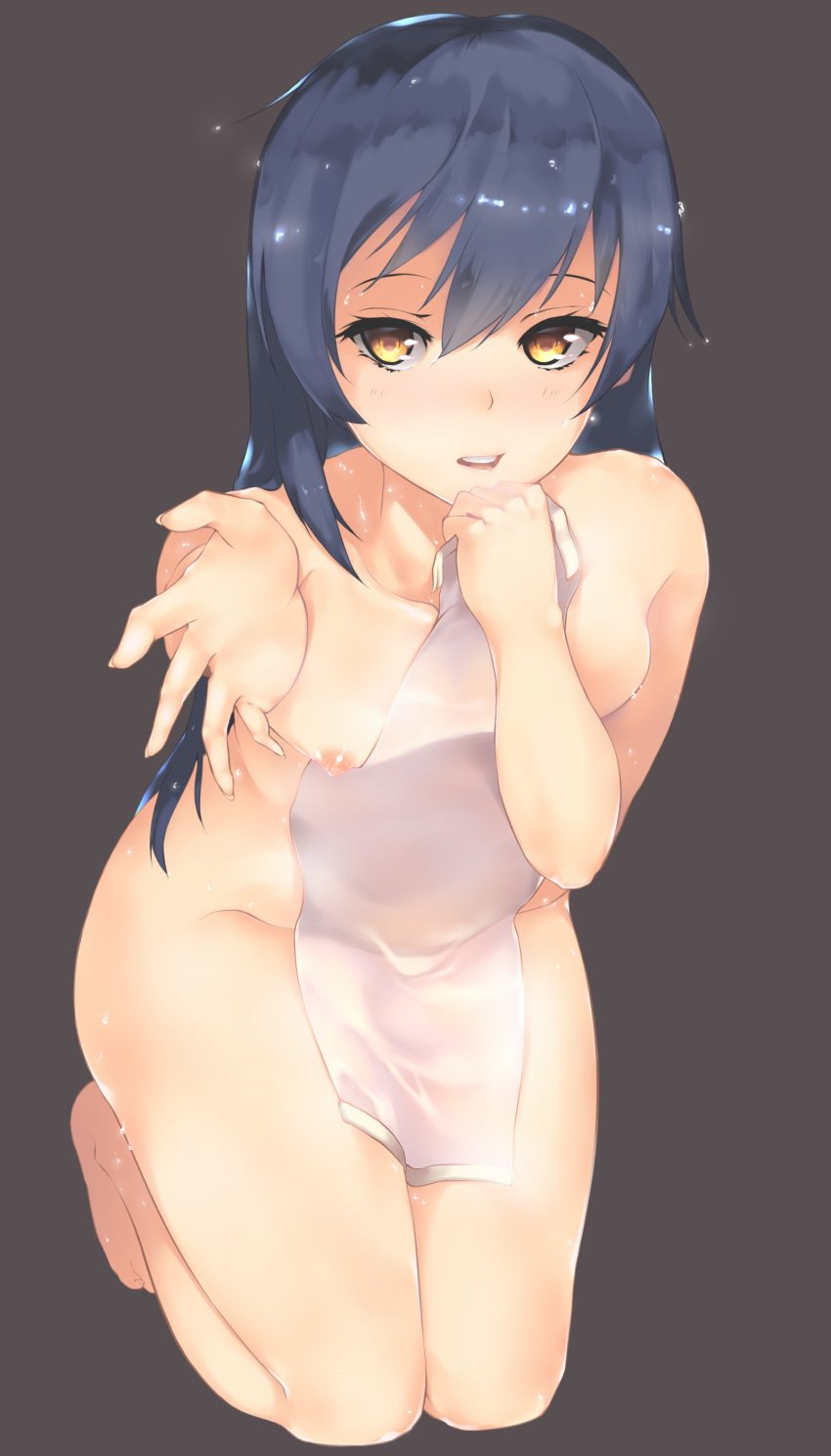 absurdres bad_id bad_pixiv_id bangs blue_hair blush breasts commentary_request covering covering_breasts female hair_between_eyes highres hplay kneeling long_hair looking_at_viewer love_live! love_live!_school_idol_project nipples nude nude_cover open_mouth simple_background small_breasts solo sonoda_umi towel wet yellow_eyes