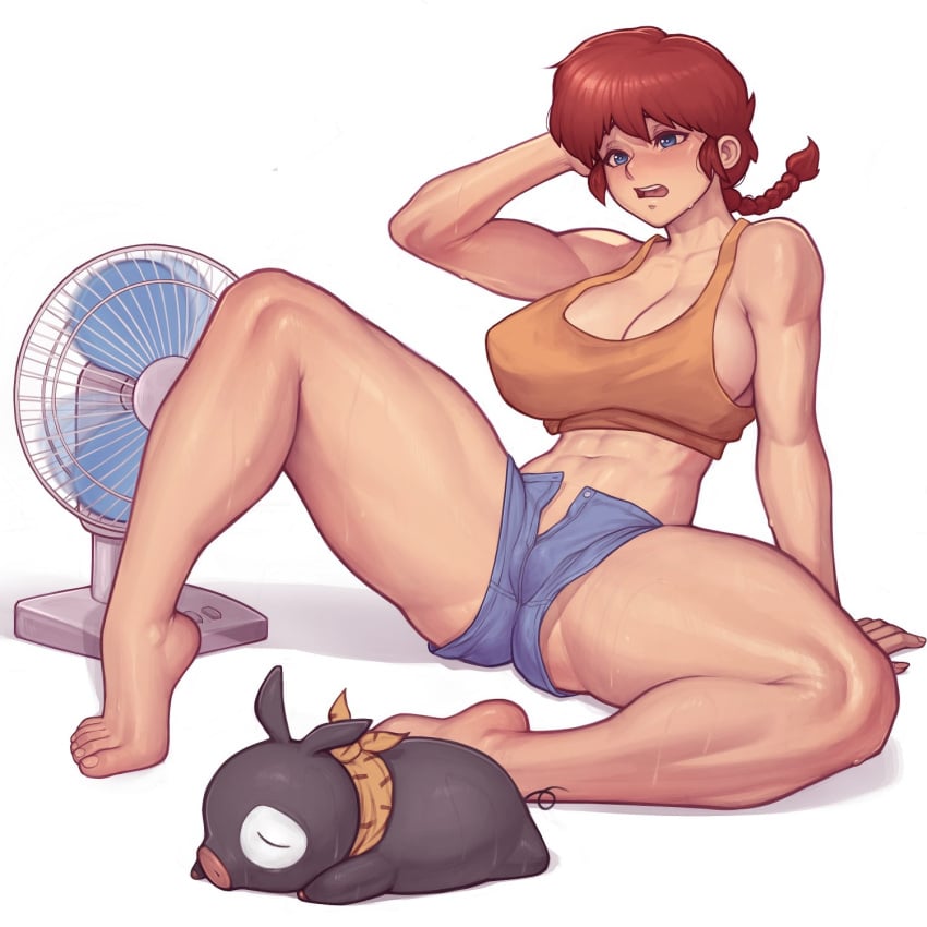 1girls abs alternate_version_available asura_(artist) big_breasts breasts clothed clothing cooling_off electric_fan female female_only fully_clothed large_breasts light-skinned_female light_skin p-chan pale_skin pig pigtail ranma-chan ranma_1/2 ranma_saotome red_hair rule_63 ryoga_hibiki sfh short_hair shorts sitting solo solo_focus spread_legs sweat