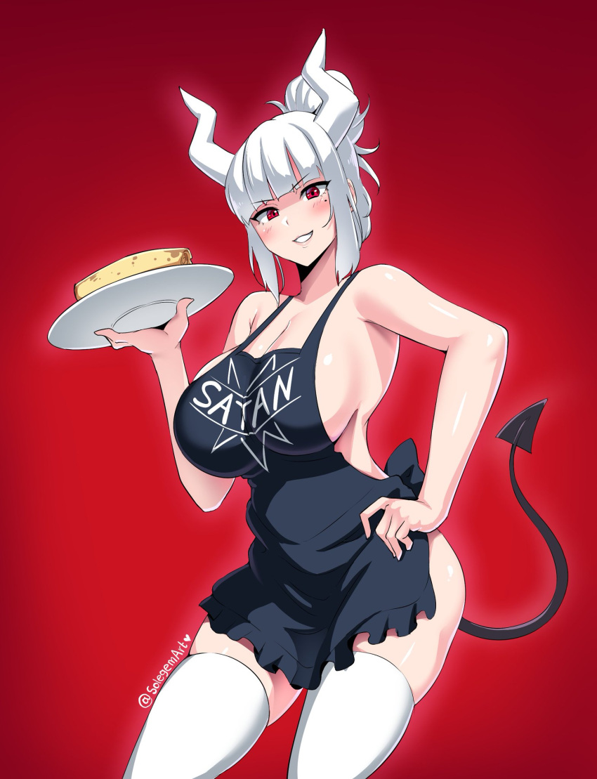 1girls 2021 apron demon demon_girl demon_horns demon_tail helltaker horns lucifer_(helltaker) naked_apron red_background red_eyes sole_gem solo solo_female thighhighs white_hair