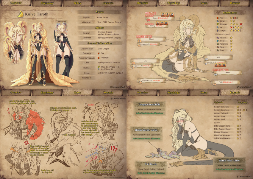 blonde_hair english_text female female_focus female_only horns jewelry kulve_taroth long_hair multiple_females multiple_girls multiple_outfits multiple_pages multiple_poses multiple_positions notebook pointy_ears tagme yamanata