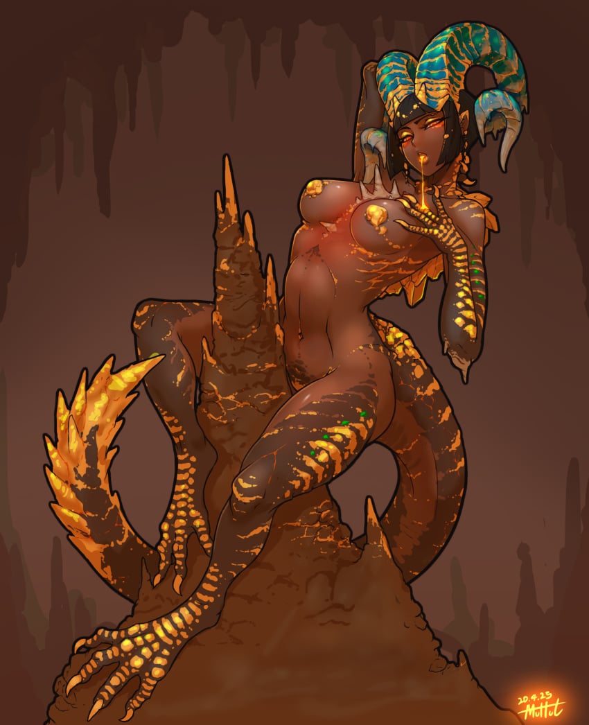 black_hair dark-skinned_female dark_skin egyptian female female_focus female_only gold gold_jewelry horns kulve_taroth lava looking_at_viewer monster_girl monster_hunter monster_hunter_world muhut naked navel pole_dancing red_eyes scales short_hair spikes tail