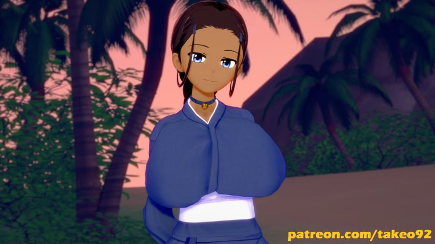 1girls 3d 3d_(artwork) arms_behind_back avatar_the_last_airbender beach big_breasts blue_eyes breasts brown_hair clothing curvaceous curvy dark-skinned_female dark_skin female female_focus female_only huge_breasts japanese_clothes jungle katara koikatsu large_ass large_breasts looking_at_viewer necklace palms patreon ponytail sea smile solo takeo92 text water wide_hips