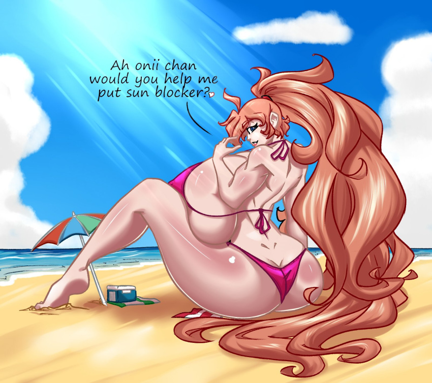 1girls amazon ass_cleavage back_view beach big_ass big_breasts bikini breast_squish breasts breasts_bigger_than_head brother_complex butt_crack color color_edit edit female giantess heart huge_ass huge_breasts hyper hyper_breasts inviting long_hair looking_at_viewer muscles muscular n647 nipples_visible_through_clothing rose_drake_(n647) schnauzercito smile smiling solo swimsuit text thick_thighs voluptuous wide_hips