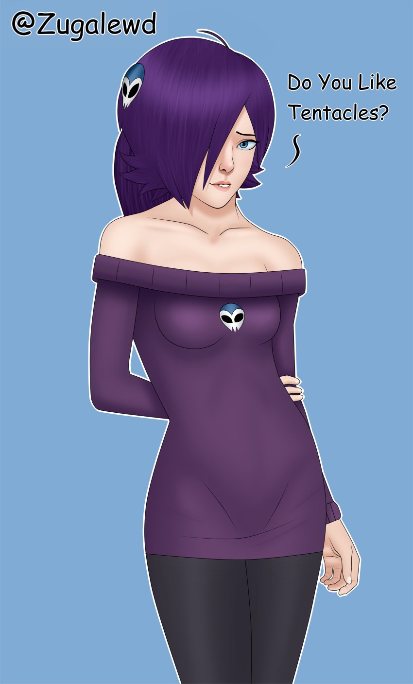 artist_signature female purple_hair purple_shirt zone-tan zugalewd