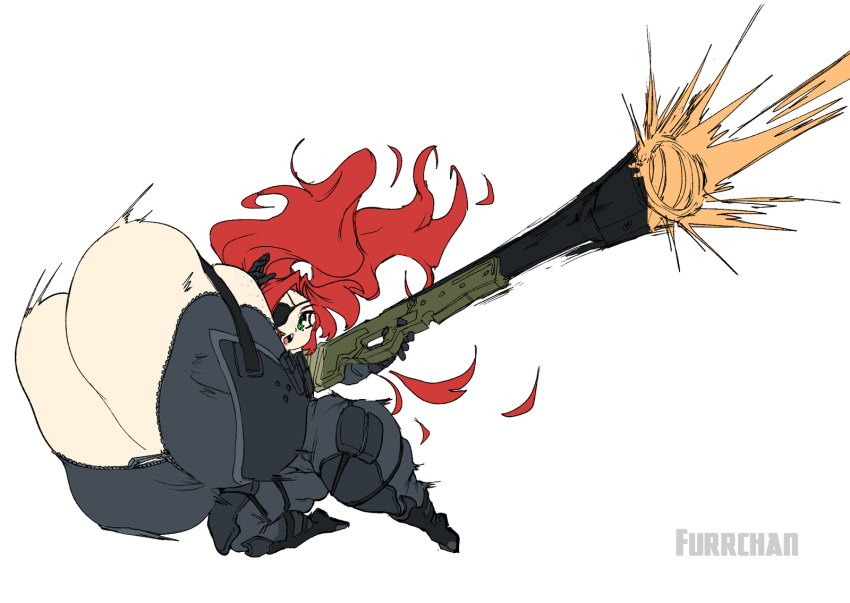 5_fingers big_breasts bodysuit bouncing_breasts breasts bursting_breasts cleavage clothed dynamic_pose eye_patch female firing freckles freckles_on_breasts furrchan green_eyes hair hi_res huge_breasts human hyper_breasts ranged_weapon red_hair rifle shortstack simple_background thick_thighs thighs weapon white_background wide_hips zipper