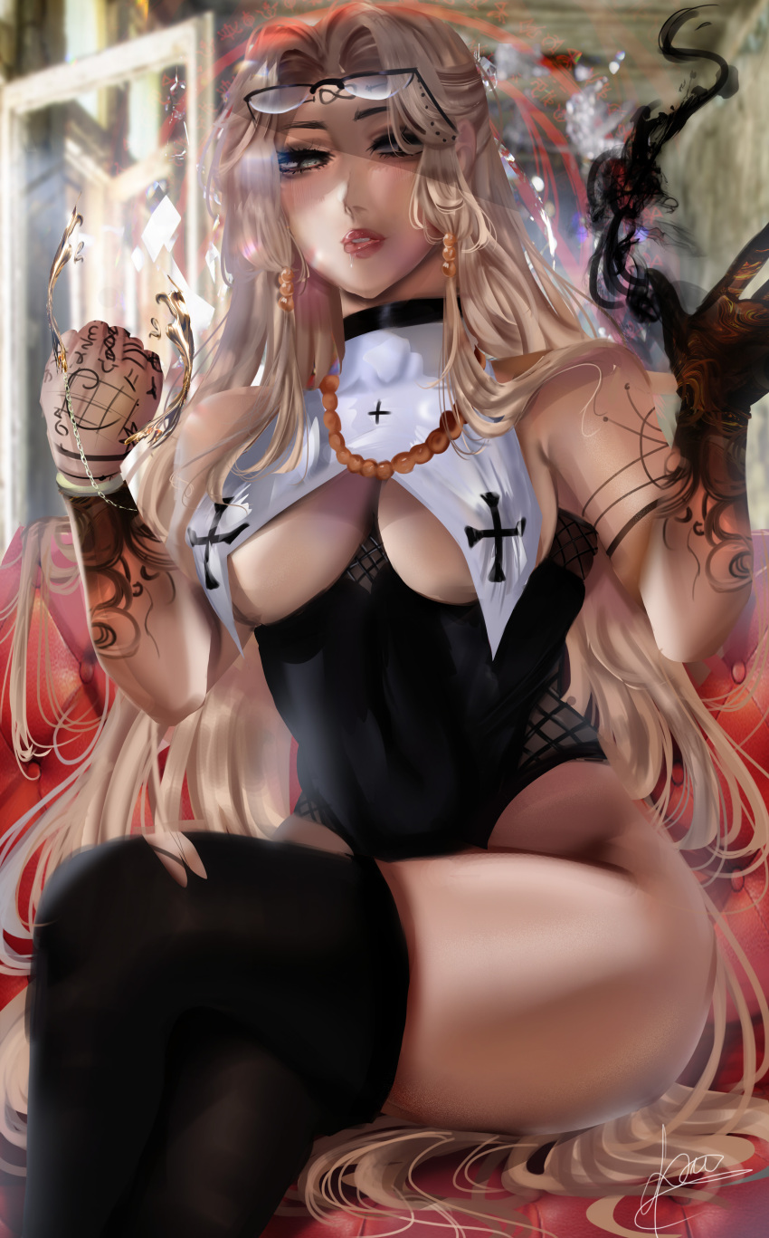 alternate_version_available blonde_hair dante_(ordem_paranormal) desconjuração detailed_background glasses glasses_on_head grey_eyes highres lionsfw long_hair ordem_paranormal red_sofa rule_63 signature stockings tagme