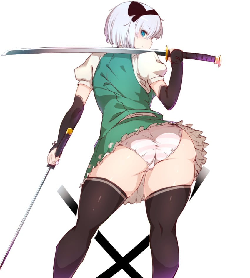 1girls ass blue_eyes cameltoe clothed_female female female_focus female_only fully_clothed katana looking_at_viewer looking_back panties pink_stripes sekiyu_(spartan) solo solo_focus standing striped_panties stripes sword thick_thighs thighhighs touhou trefoil white_hair youmu_konpaku