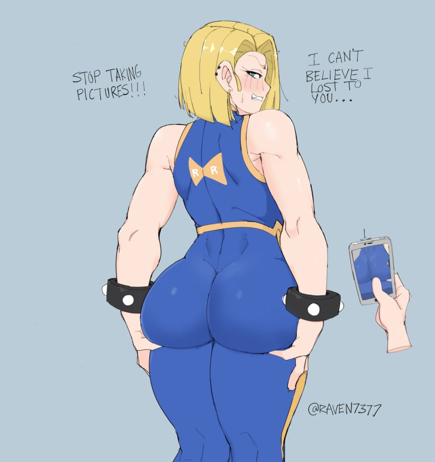 1girls android android_18 artist_name ass big_ass blonde_hair blue_background blue_eyes blush chun-li_(cosplay) clenched_teeth disembodied_hand dragon_ball dragon_ball_z eye_contact female female_focus fully_clothed large_ass looking_at_viewer looking_back muscular_female raven7377 short_hair smartphone standing street_fighter taking_picture text thick_ass thick_thighs thighs