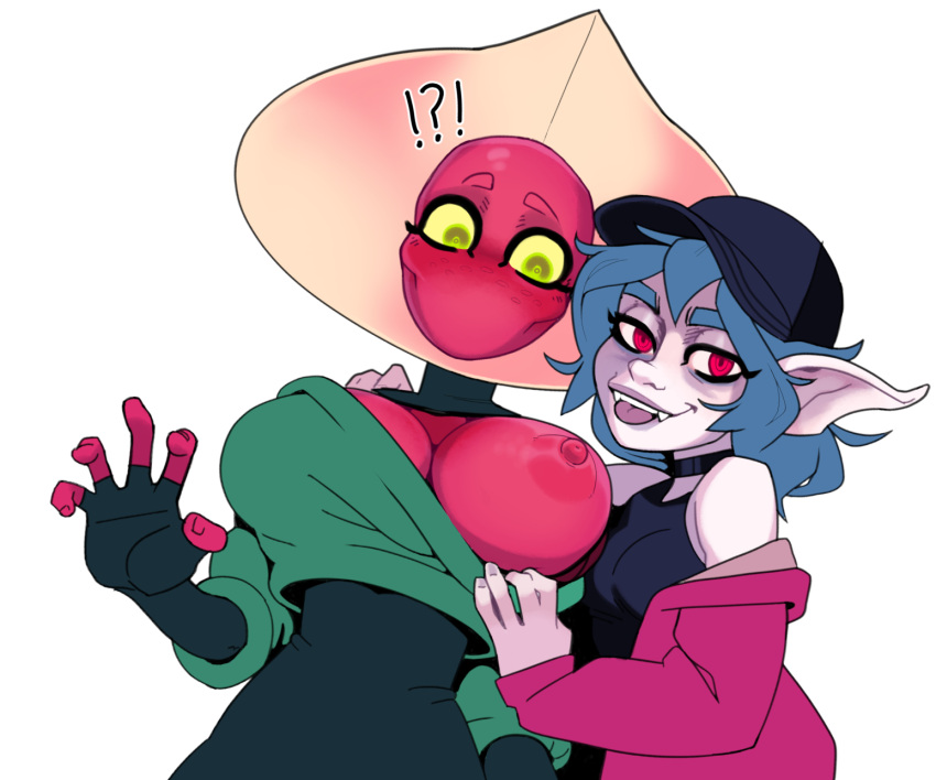 assisted_exposure batterbee blushing breast_out breasts clothed embarrassed flashing flatwoods_monster fragaria_(batterbee) large_breasts monster_girl one_breast_out red_skin smile terby_(batterbee) tongue_out vampire white_background