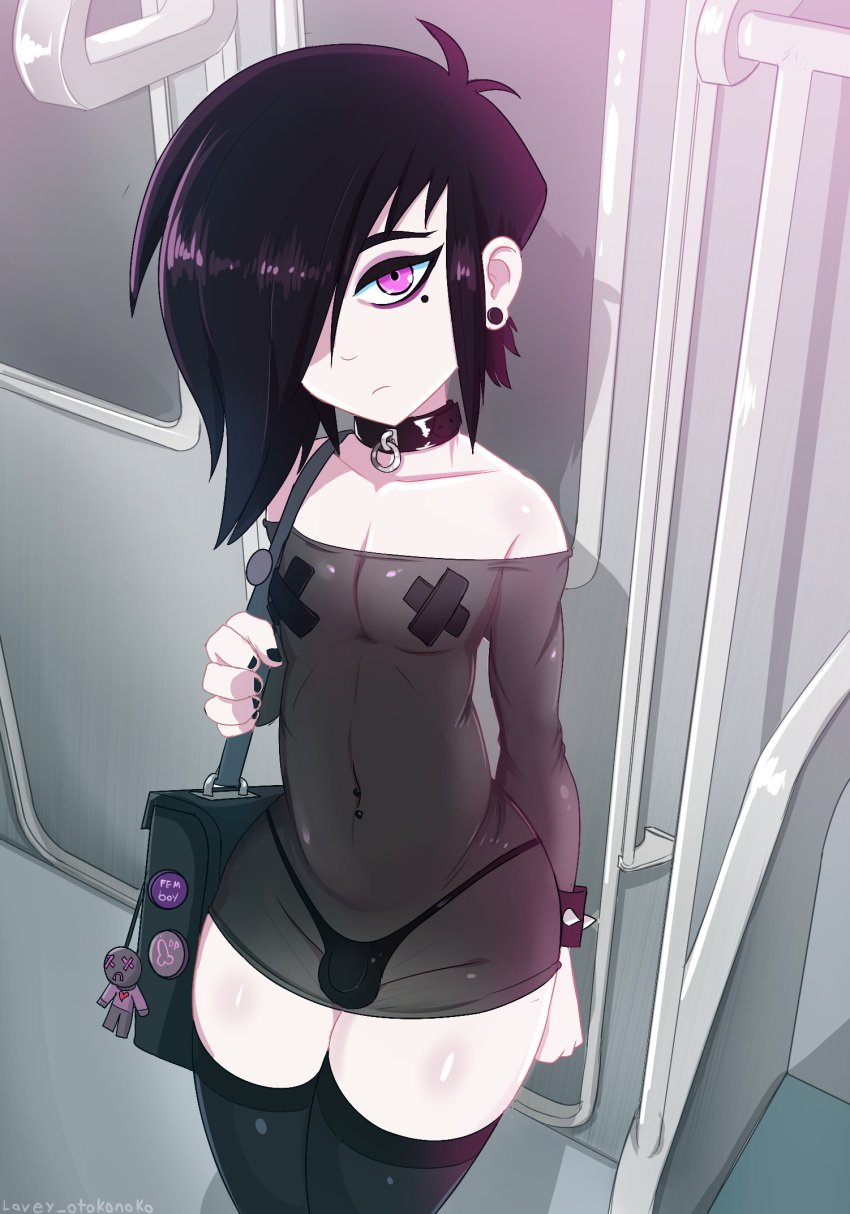 1boy 2021 absurd_res artist_signature beauty_mark bulge collar eyeliner femboy goth hair_over_one_eye hi_res lavey lavey-otokonoko looking_at_viewer male male_only navel_piercing nipple_tape original pale_skin panties penis_in_panties pink_eyes pov pov_eye_contact see-through_clothing skimpy solo spiked_bracelet subway_train thighhighs thighs train