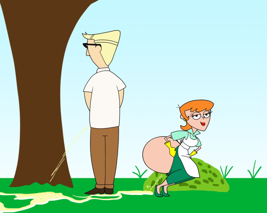 big_ass big_bootie big_butt cartoon_network dexter's_dad dexter's_laboratory dexter's_mom eyeless_male female pee_squat_outdoors peeing