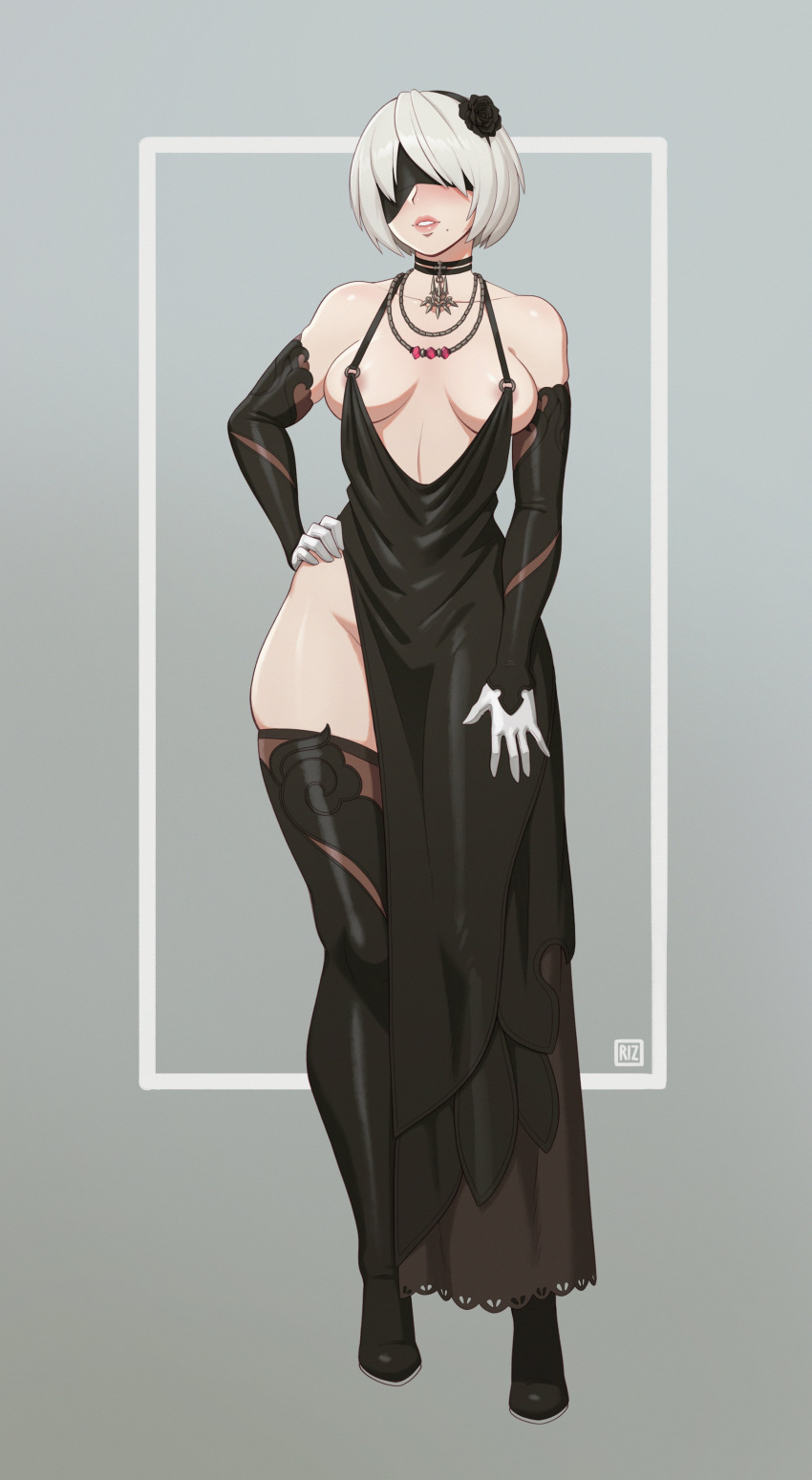 1girls 2021 big_breasts breasts cleavage female female_focus female_only large_breasts nier nier:_automata nipple_peek nipple_slip nipples_exposed nipples_visible_through_clothing rizdraws solo thick_thighs thighhighs thighs wide_hips yorha_2b