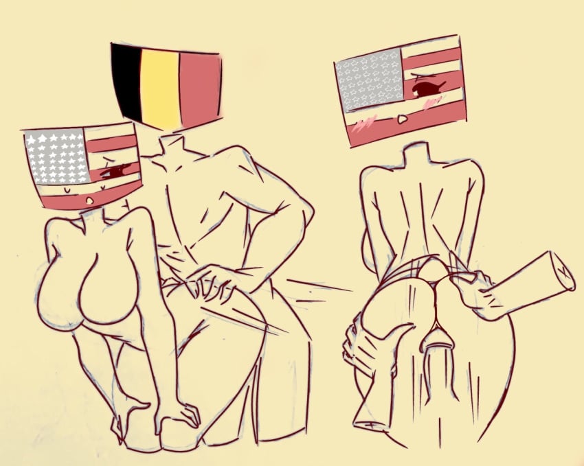 1girls american_flag back_view belgium_(countryhumans) bending_over blushing countryhumans countryhumans_girl female flawsy male stright united_states_of_america united_states_of_america_(countryhumans)