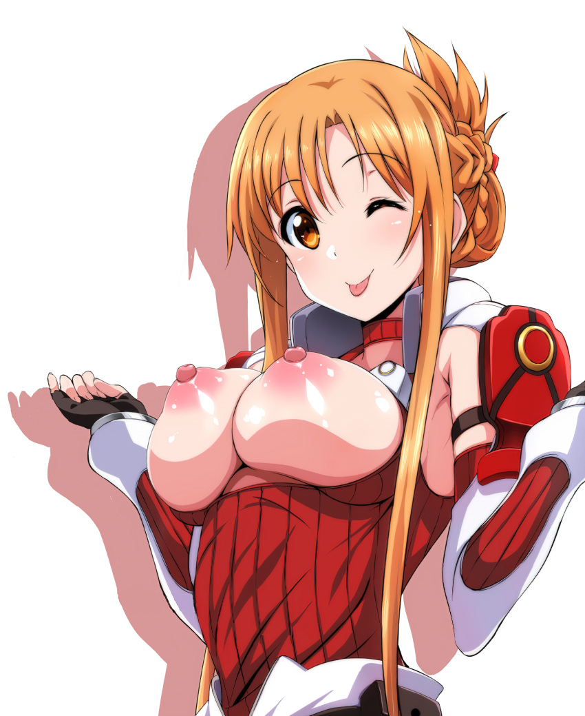 airando breast_cutout breasts female island_(kossori) large_breasts orange_eyes orange_hair simple_background spread_arms sword_art_online tongue_out yuuki_asuna