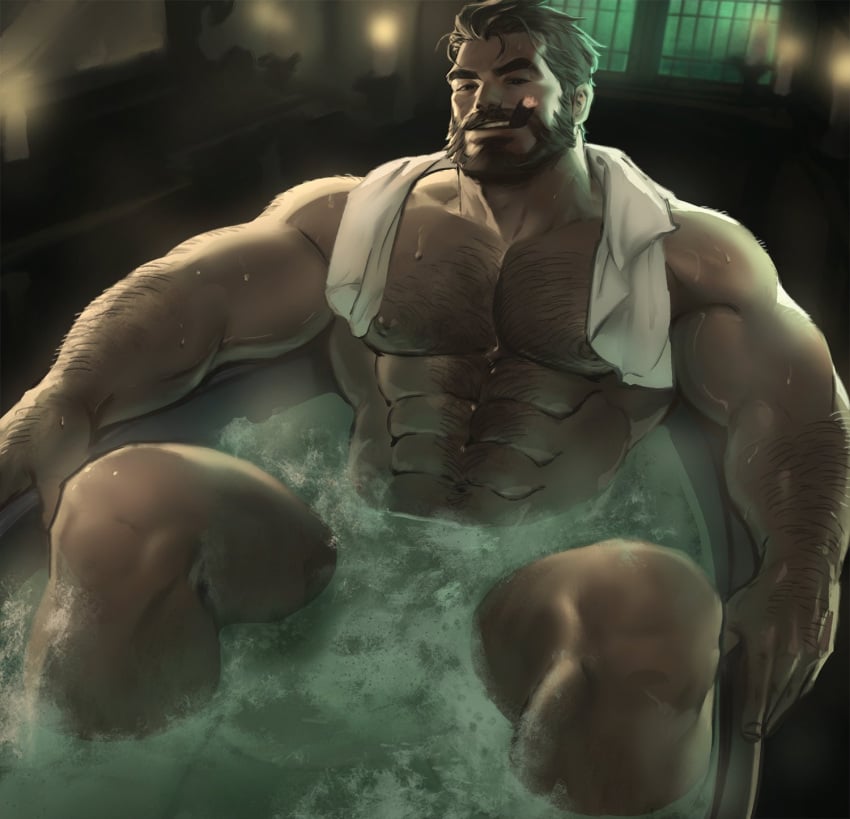 1boy bath beard dopq facial_hair hair hairy_arms hairy_chest human human_only league_of_legends malcolm_graves male male_only sauna solo towel water yy6242