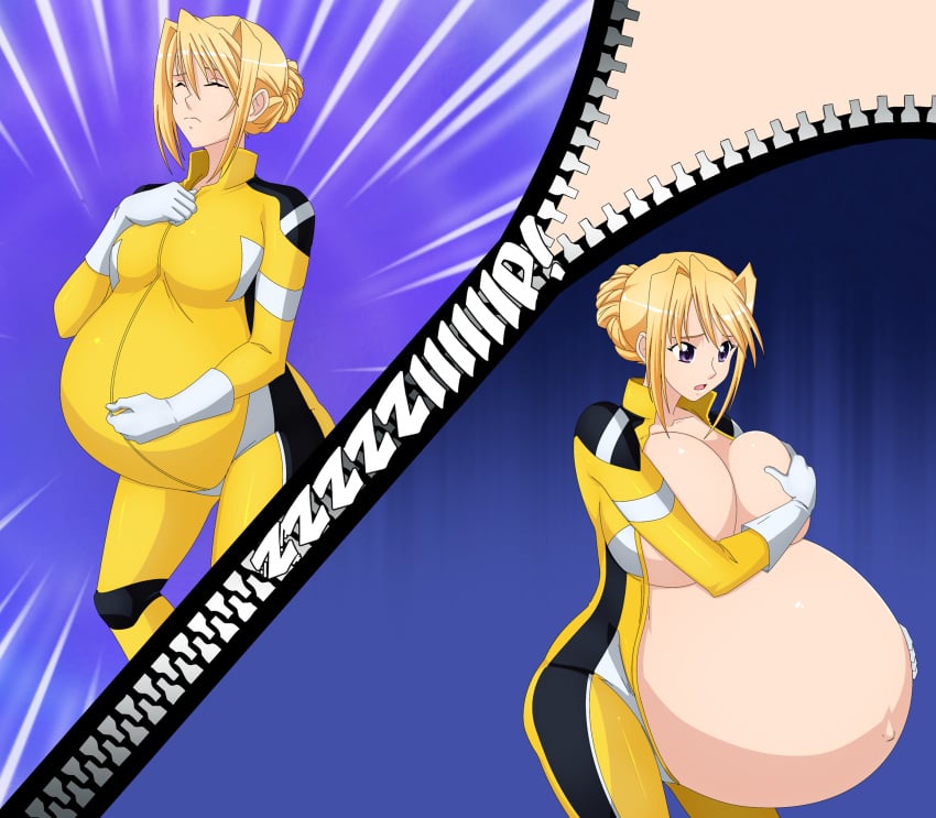 23:20 belly_button big_belly big_breasts blonde_hair blonde_hair_female breast_squeeze cleavage cleavage_overflow clothed_female clothing comic covering_breasts female gloves hi_res highres huge_breasts human hyper_pregnancy large_breasts latex_suit no_bra pregnant princess_lover purple_eyes saburox short_blonde_hair short_hair short_hair_female silvia_van_hossen simple_background solo text yellow_clothes zipper