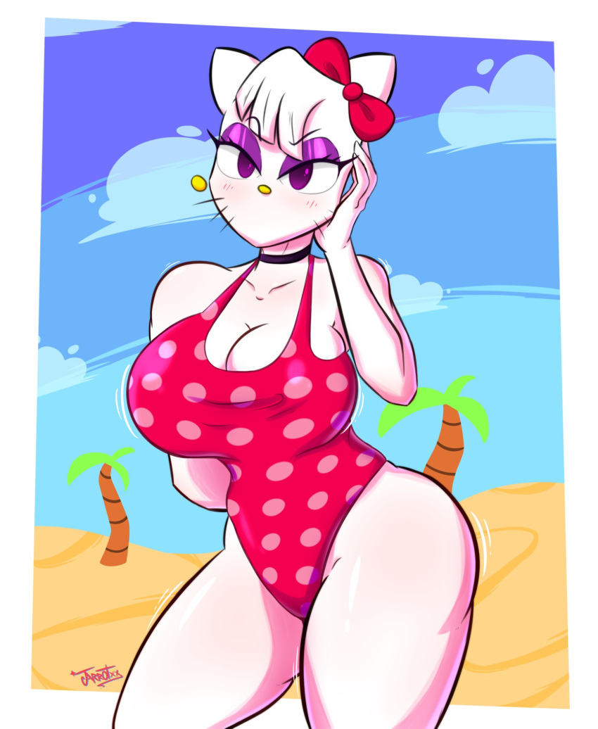 1girls beach big_ass big_breasts big_butt bikini female female_only furry furry_ears furry_only hello_kitty hello_kitty_(character) hello_kitty_(series) jarrotxx kitty_white one-piece_swimsuit purple_eyes sanrio swimsuit tagme thunder_thighs white_hair