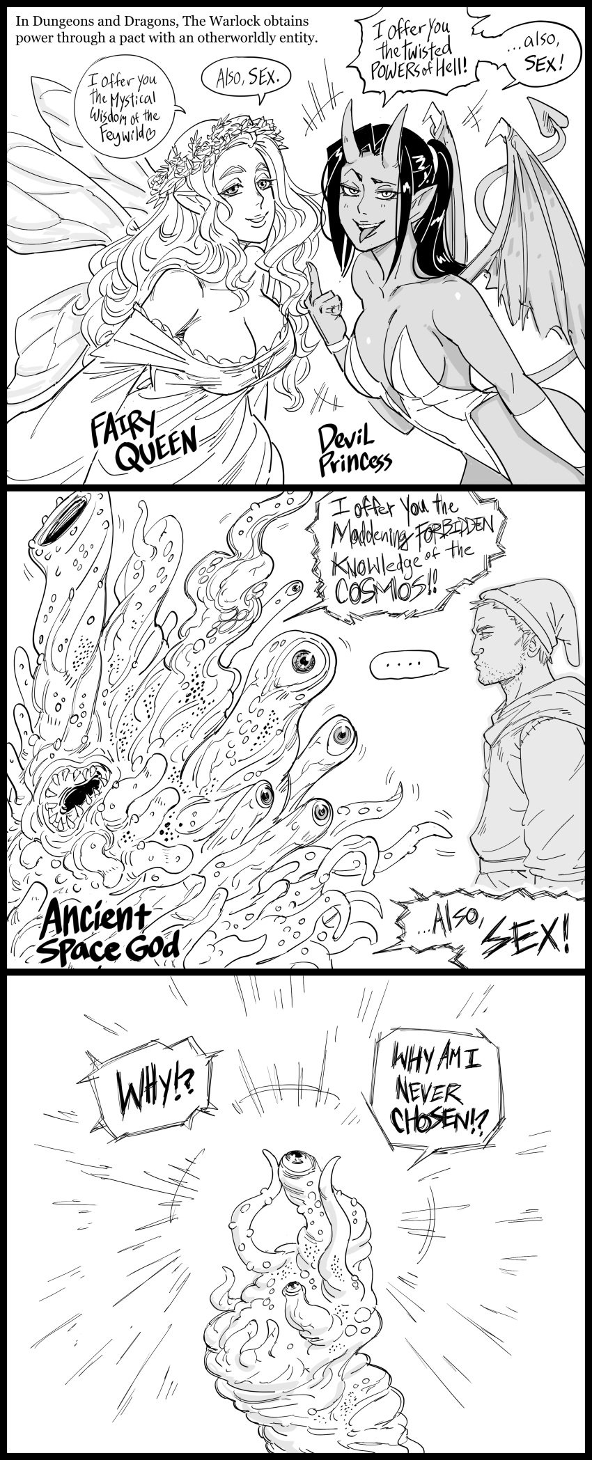 absurd_res bb_(baalbuddy) comic_strip demon_girl dialogue dungeons_and_dragons eldritch_horror english_text fairy funny humor monochrome monster speech_bubble three_panels warlock white_background