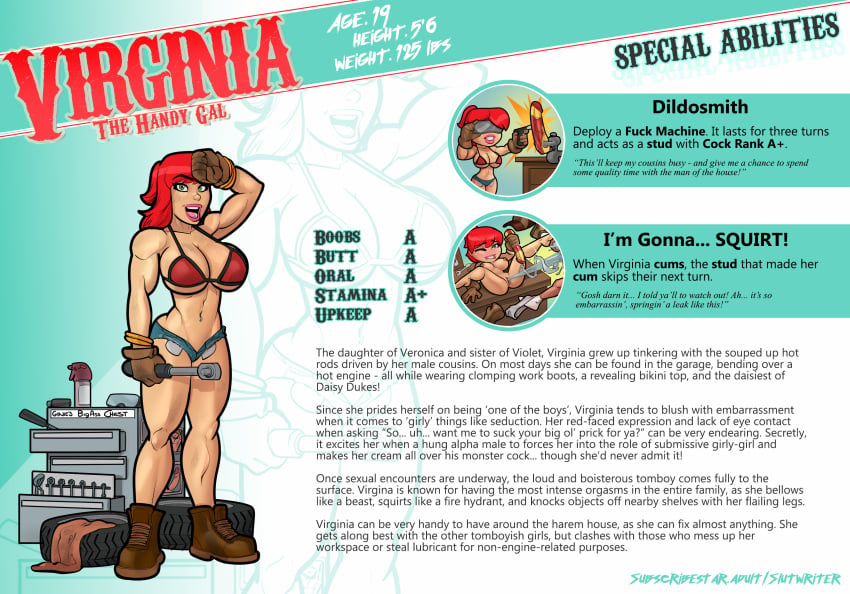 1girls big_breasts big_butt bikini_top character_bio character_profile character_sheet daisy_dukes dildo female green_eyes herron_house_(series) light-skinned_female looking_at_viewer mechanic my_mom_and_sister_are_size_queen_sluts pinup rabies-t-lagomorph red_hair size_queen slutwr1ter solo squirting stats tires virginia_herron voluptuous