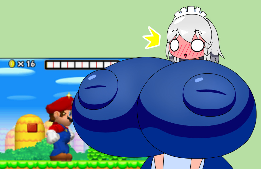 1girls blush breaking_the_fourth_wall breasts clothed clothed_female crossover female female_focus female_only huge_nipples hyper hyper_breasts large_breasts mario mario_(series) metaskei new_super_mario_bros. nintendo nipple_bulge sakuya_izayoi shocked shocked_expression simple_background team_shanghai_alice tight_clothing touhou white_hair