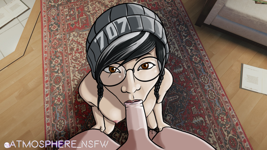 1boy 1girls :>= black_hair blowjob braid braided_twintails breasts brown_eyes cap cute deepthroat_mark dokkaebi_(rainbow_six) eye_contact faceless_male female female_focus glasses grey_hair hands_on_knees hat kneeling lips male_pov nipples no_sunglasses nude oral pixzuri pov rainbow_six rainbow_six_siege saliva saliva_trail skinny small_breasts sucking tom_clancy twintails two_tone_hair