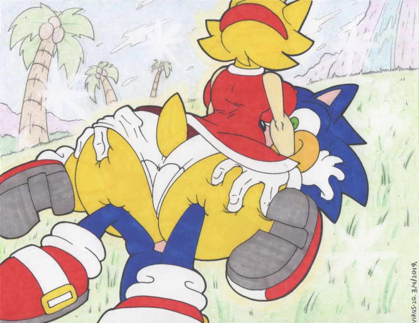 1boy 1girls amy_rose anthro ass blue_fur breasts coconut color exposed_torso female footwear furry gloves green_eyes hairband handwear hedgehog humanoid large_ass large_breasts laying_down male nipple_bulge on_top palmtree panties sega skirt sonic_(series) sonic_the_hedgehog super_amy tail thick_thighs thighs virus-20 yellow_fur