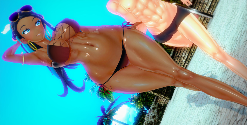 1boy 3d big_breasts bikini black_hair blue_eyes cocoron dark-skinned_female dark_skin female female_focus fit fit_female hand_grab hourglass_figure light-skinned_male light_skin male mmd nessa_(pokemon) nintendo pokemon pokemon_ss shiny_skin straight string_bikini thick thick_thighs wide_hips