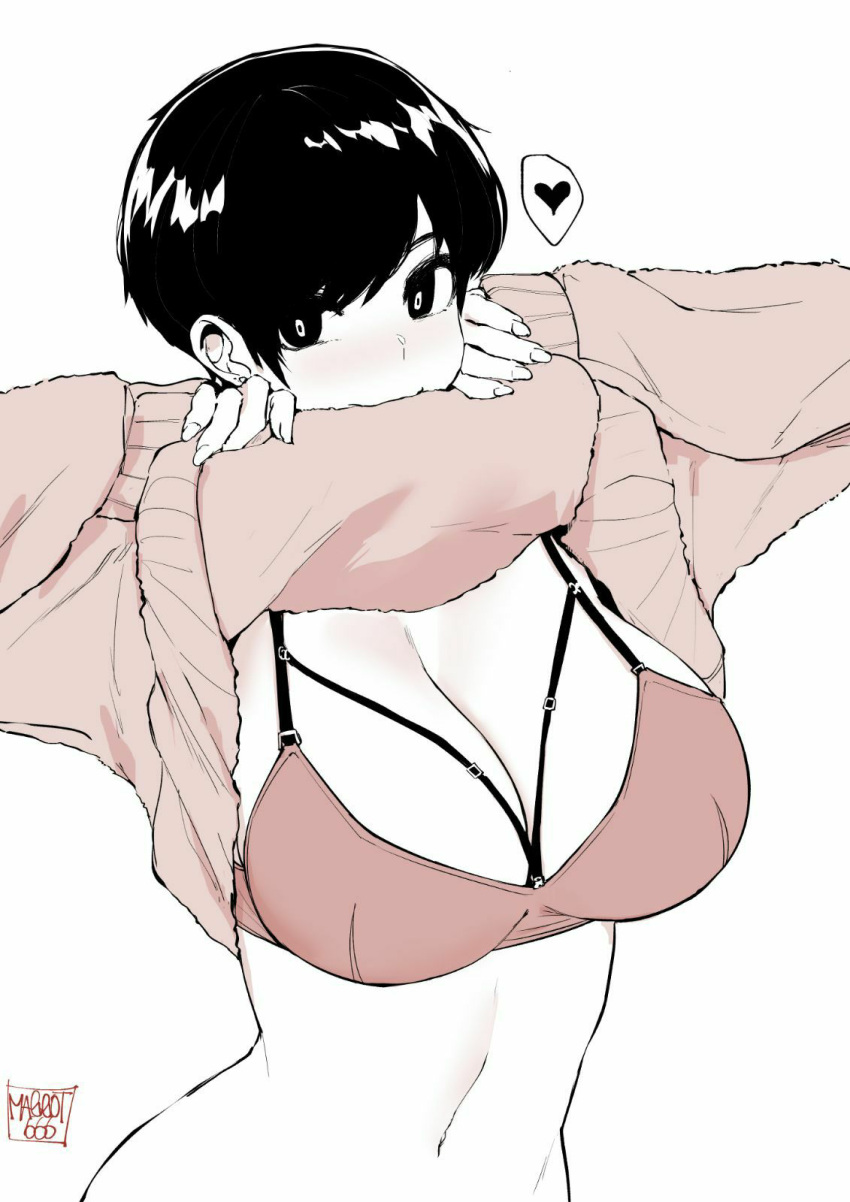 <3 barely_colored big_breasts black_hair black_pupils blushing bra cute ear_piercing earring earrings flat_belly heart lifting_clothing lifting_shirt lifting_sweater looking_at_viewer multiple_straps norman_maggot olive_laurentia original piercings pixie_cut smiling smiling_at_viewer solo spoken_heart sweater very_short_hair white_background